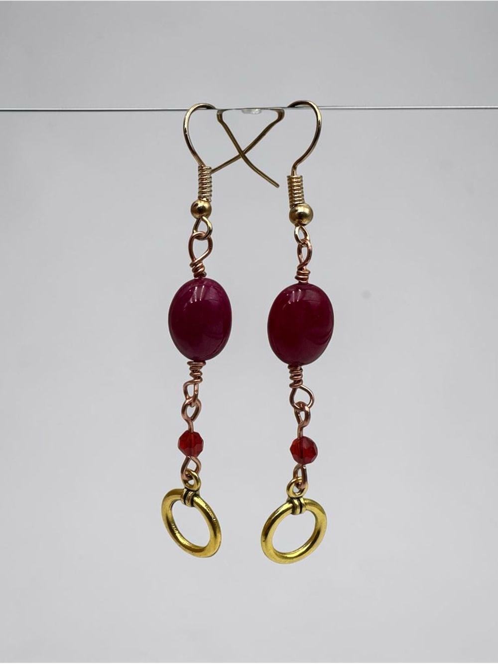 Handmade Deep Red Beaded Gold Ring Dangle Earrings